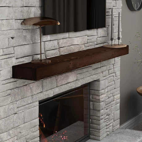 BoscoMondo 72 Inch Fireplace Mantel - Solid One Piece Rustic Wood - Wall Mounted Floating Farmhouse Shelf - with Invisible Heavy Duty Metal Bracket (72", Intense Brown) BoscoMondo