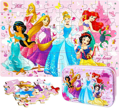 Generic NEILDEN Jigsaw Puzzles for Kids Ages 4-8 Puzzles Packed in Tin Box 60 Pieces Learning Educational Puzzles for Children Girls and Boys, Princess