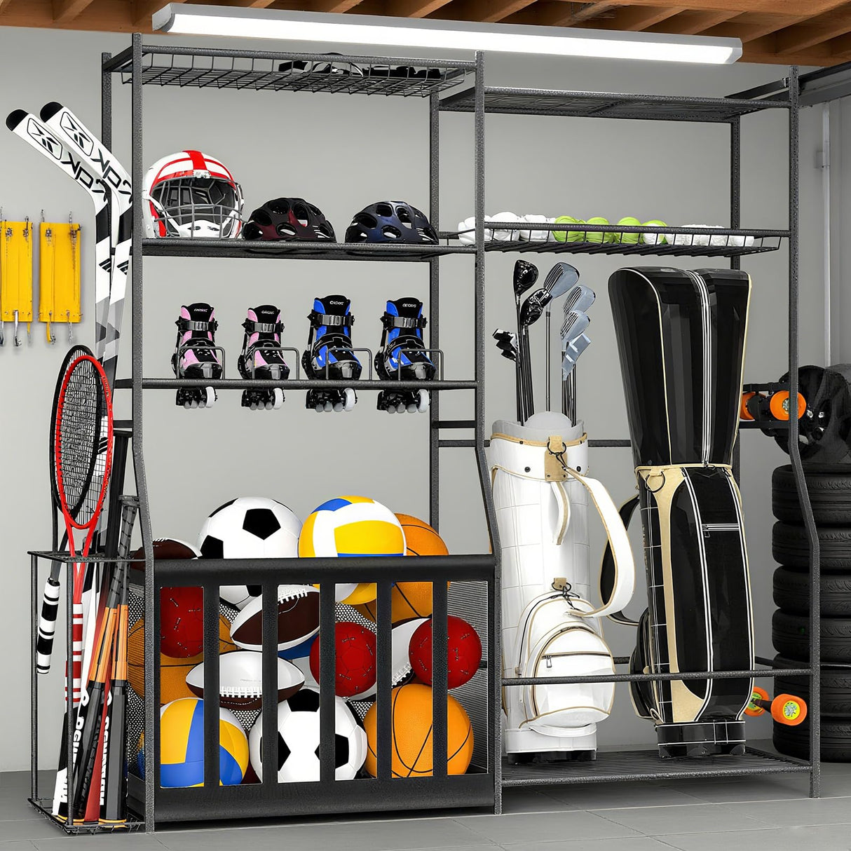 Garage Sports Equipment Organizer with Golf Bag Stand, Balls Storage Rack, and Toy Organizer – Durable Indoor/Outdoor Multi-Use Rack for Kids' Gear and Seasonal Items SPIDERCAMP