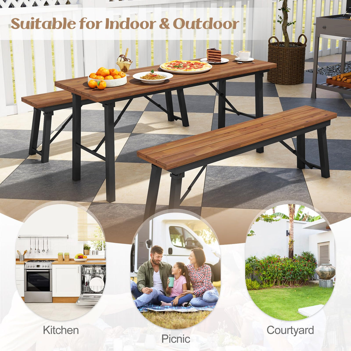 Tangkula Outdoor Dining Table for 4-6, No Assembly Foldable 59 Inches Narrow Patio Dining Table with Acacia Wood Top & Heavy Duty Metal Frame, for Yard, Garden, Poolside or Indoor (Natural) Tangkula