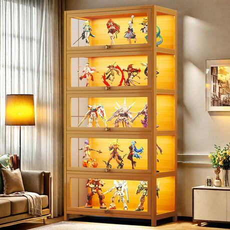 HAOWANJP Curio Display Cabinet 5-Tier Storage Shelves with Acrylic Door, Collectibles Toy Organizers Rack & Display Shelf, Kids Bookshelf and Bookcase for Playroom, Bedroom (Brown-1) HAOWANJP