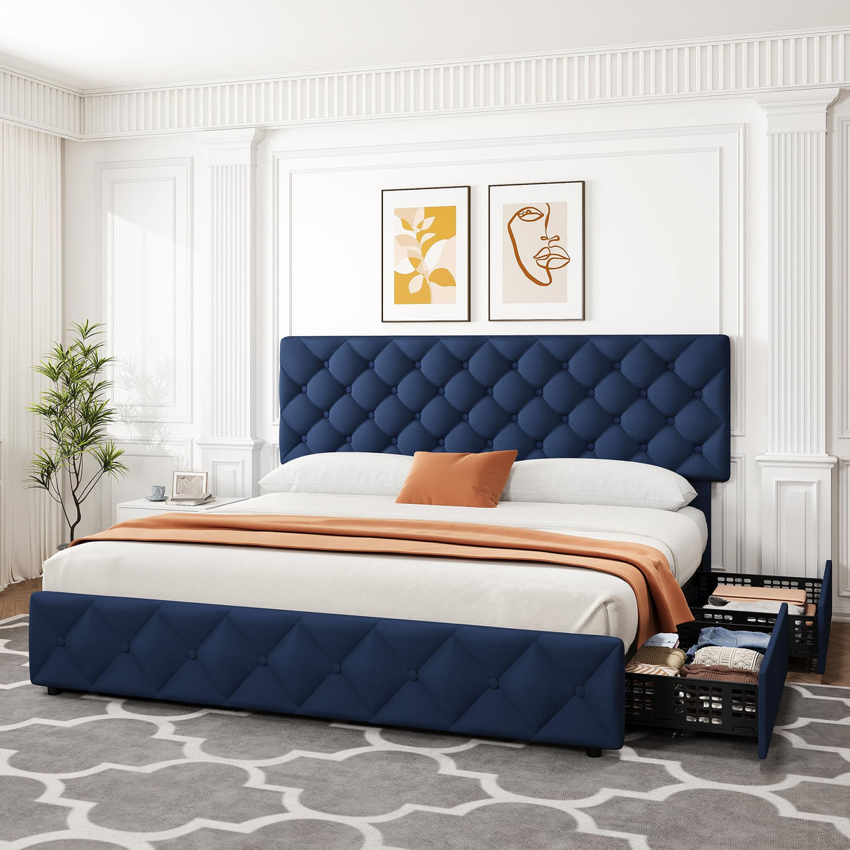 IDEALHOUSE King Size Bed Frame with 4 Storage Drawers and Adjustable Headboard, Linen Upholstered Platform Beds, Diamond Stitched Button Tufted, No Box Spring Needed, Blue IDEALHOUSE