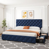 IDEALHOUSE King Size Bed Frame with 4 Storage Drawers and Adjustable Headboard, Linen Upholstered Platform Beds, Diamond Stitched Button Tufted, No Box Spring Needed, Blue IDEALHOUSE