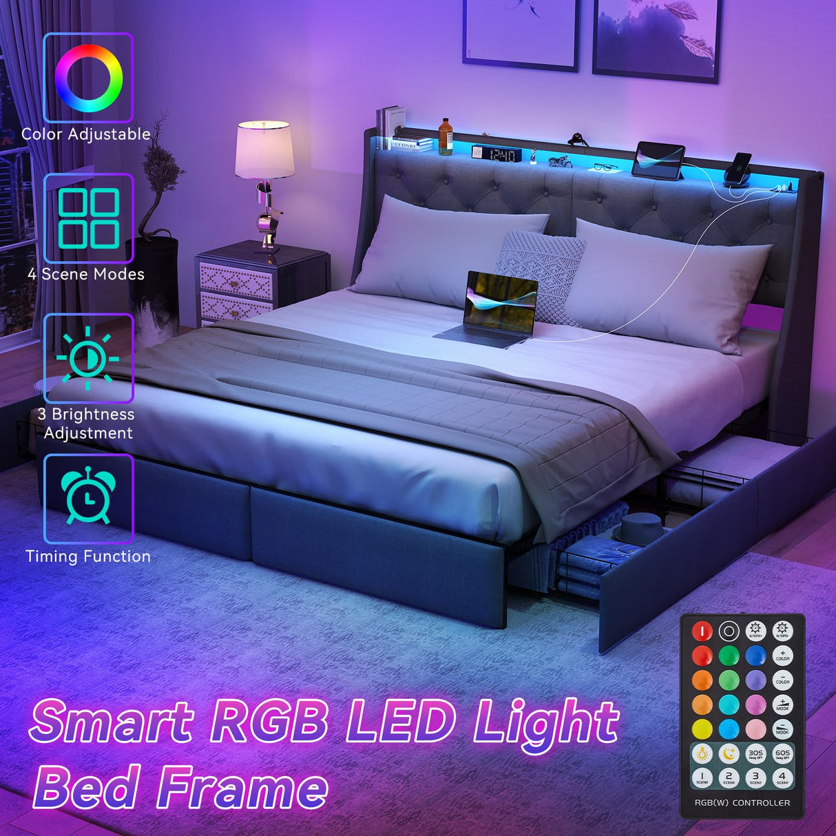 SADENICEL King Size Bed Frame with Storage Headboard, Metal Platform Bed Frame King with 4 Drawer, LED Light, Charging Station, No Box Spring Needed, Noise Free, Easy Assembly, Grey SADENICEL