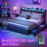 SADENICEL King Size Bed Frame with Storage Headboard, Metal Platform Bed Frame King with 4 Drawer, LED Light, Charging Station, No Box Spring Needed, Noise Free, Easy Assembly, Grey SADENICEL