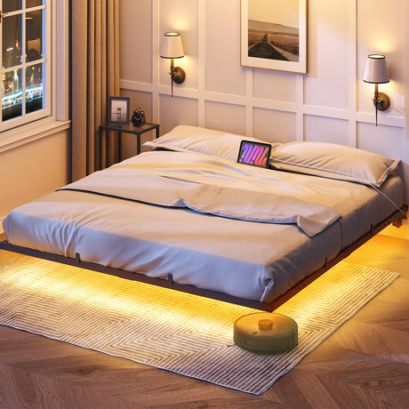 HOOBRO Floating Bed Frame King Size, Bed Frame with Charging Station and LED Lights, Industrial Style Metal Platform King Bed, Soundless, No Box Springs Needed, Black HOOBRO
