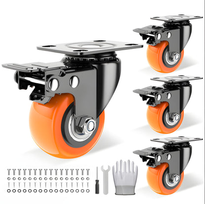 2 Inch Caster Wheels Set of 4, Heavy Duty Casters with Brake, No Noise Locking Swivel Casters with Polyurethane (PU) Wheels, Casters Wheels for Cart, Furniture and Workbench (Two Hardware Include)