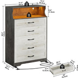 LIKIMIO 5-Drawer Wood Dresser with LED & USB Charging, Mid-Century Modern Farmhouse Bedroom Storage Cabinet, Rustic White w/Safety Strap, 48.4" Tall (15.7" D x 31.5" W) for Nursery, Living Room LIKIMIO