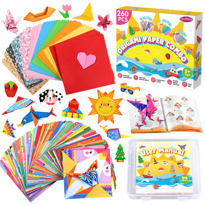 Origami Kit for Kids Ages 5-8 8-12, 260 Sheets Origami Paper with 99 Patterns and Guiding Book, Funtopia DIY Craft Art Projects Supplies for Boys Girls, Travel School Vacation Activities Toy