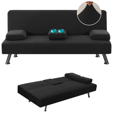 H.VERSAILTEX 4 Pieces Stretch Futon Covers Sofa Bed Slipcover with Removable Armrests and Cupholders Covers Furniture Protector High Spandex Small Checks Jacquard Fabric, Black H.VERSAILTEX