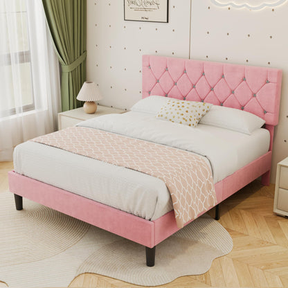 VECELO Queen Size Bed Frame, Upholstered Platform with Adjustable Diamond Tufted Headboard, Wood Slat Support, No Box Spring Needed, Pink