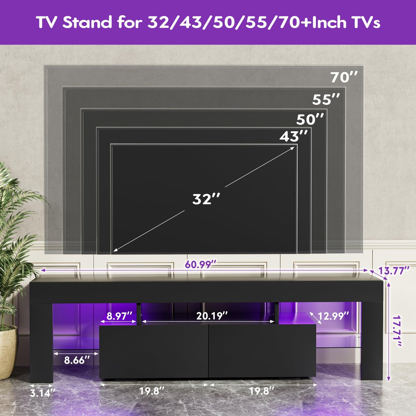 JUMMICO TV Stand with LED Lights, Modern Entertainment Center Media and Open Shelf Console Table Storage Desk with 1 Drawer and Remote Control 20 Color LED Lights up to 70 Inch TV (Black) - WoodArtSupply