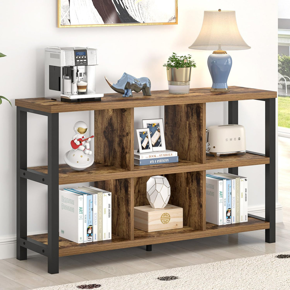 FOLUBAN Industrial Horizontal Bookshelf, 6 Cube Storage Organizer with Shelf, Wood and Metal Cubby Bookcase for Living Room Bedroom, Rustic Brown, 47 Inch FOLUBAN