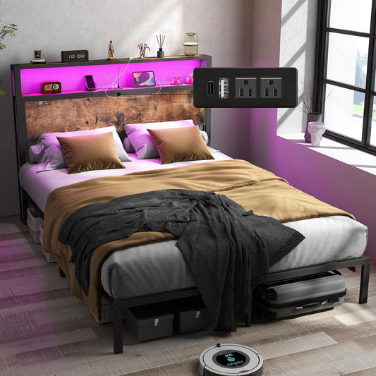 Queen Size Bed Frame with 2-Tier Storage Headboard, Charging Station & LED Lights in Vintage Brown - WoodArtSupply