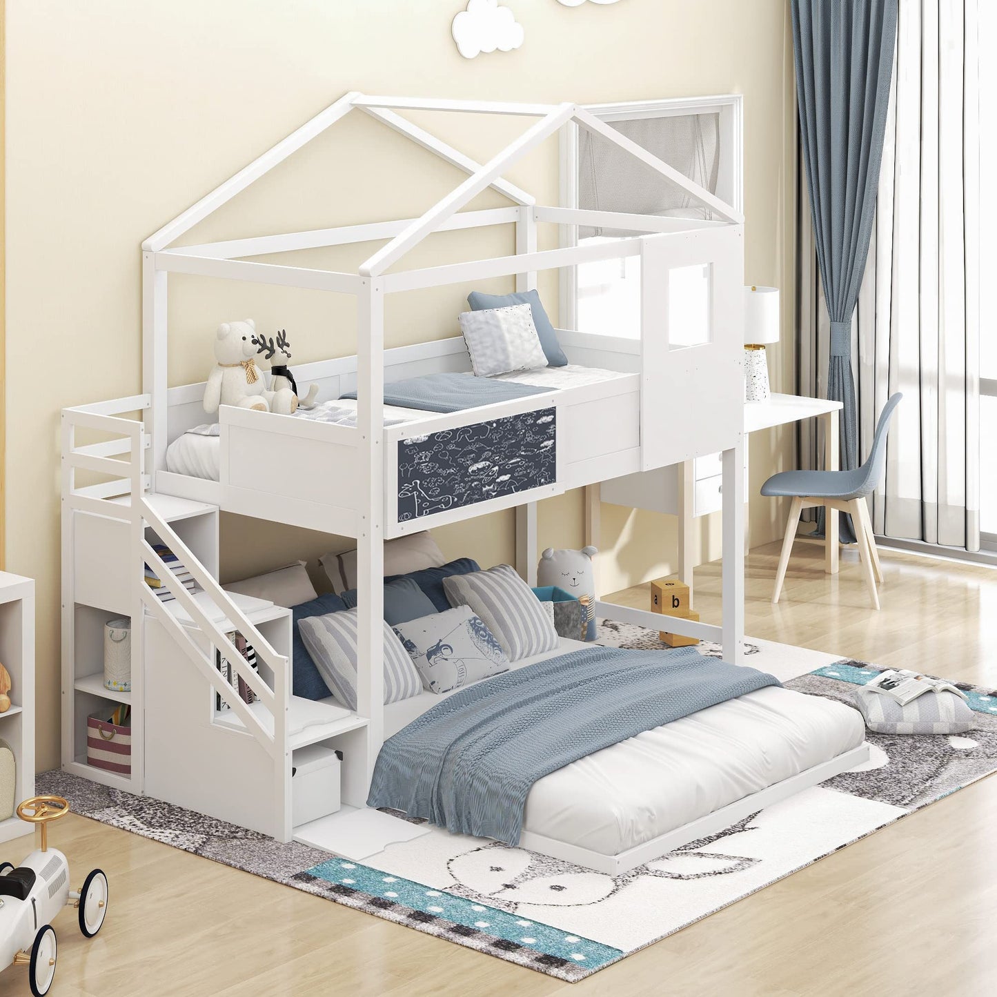 Twin Over Full House Bunk Bed with Storage Staircase & Blackboard, Wood Kids Bunk Bed with Roof and Guardrails, Playhouse Bunk Beds for Kids, Teens, Adults, No Box Spring Required (White)