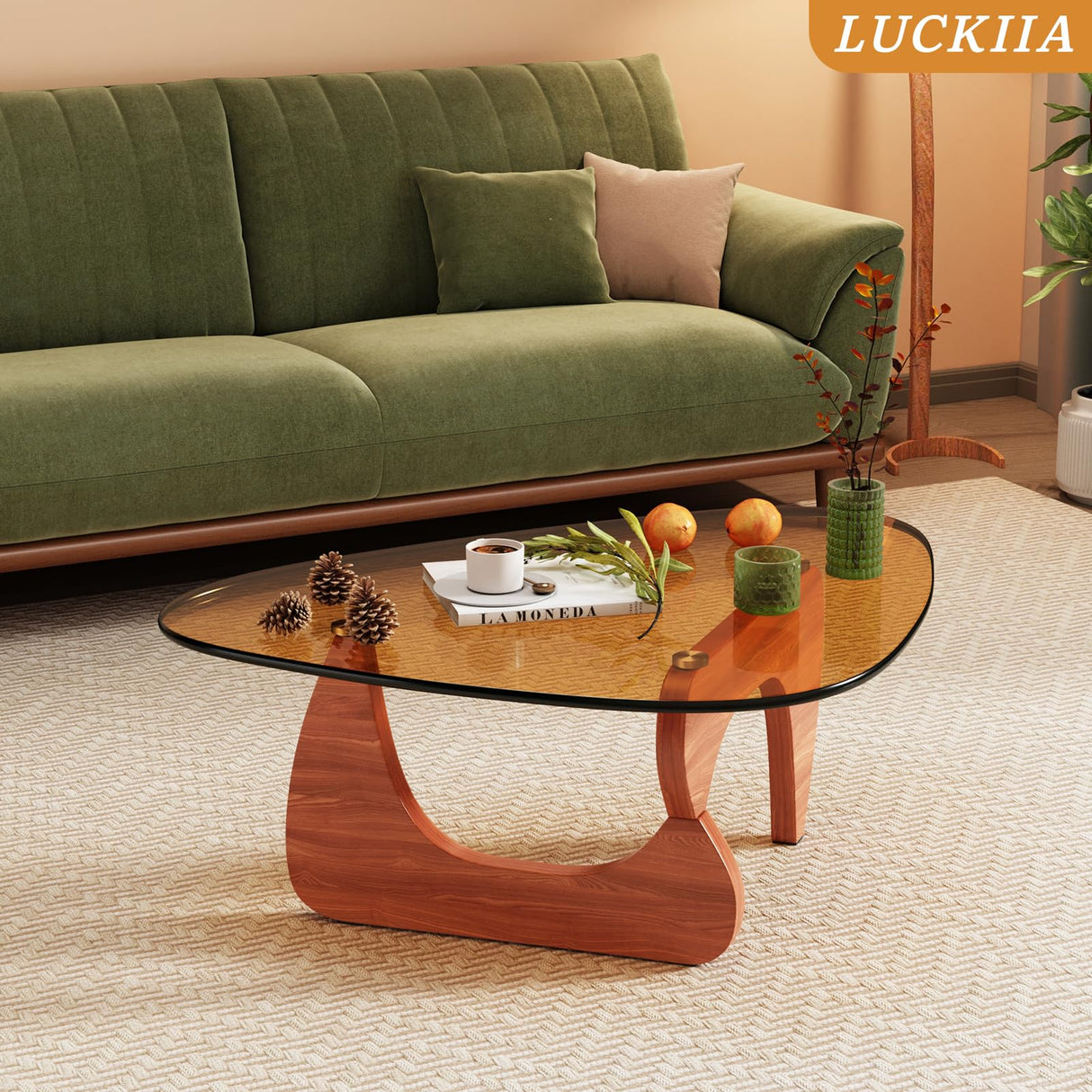 LUCKIIA Coffee Tables Glass Small Farmhouse Coffee Table Mid-Century Modern Wood Center Table for Living Room, Walnut Brown, 36 Inch LUCKIIA