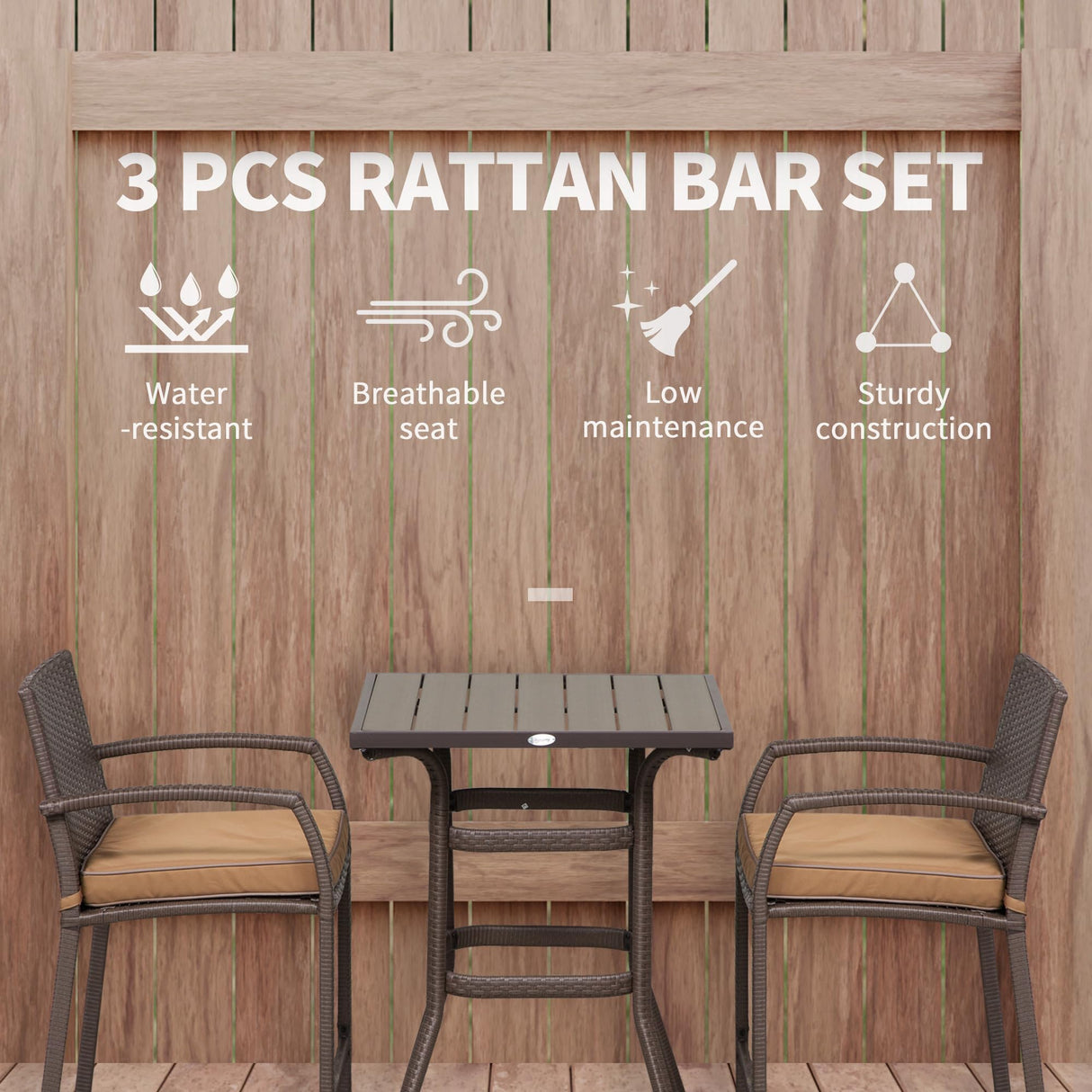Outsunny 3 PCS Rattan Wicker Bar Set with Wood Grain Top Table and 2 Bar Stools for Outdoor, Patio, Poolside, Garden, Brown Outsunny