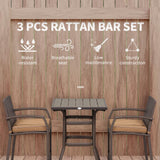 Outsunny 3 PCS Rattan Wicker Bar Set with Wood Grain Top Table and 2 Bar Stools for Outdoor, Patio, Poolside, Garden, Brown Outsunny
