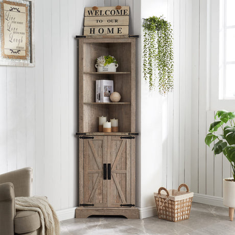 OKD Tall Corner Cabinet, Farmhouse Storage Cabinet with Barn Door Design & Adjustable Shelves, Home Space Saver for Bathroom, Living Room, Light Rustic Oak OKD
