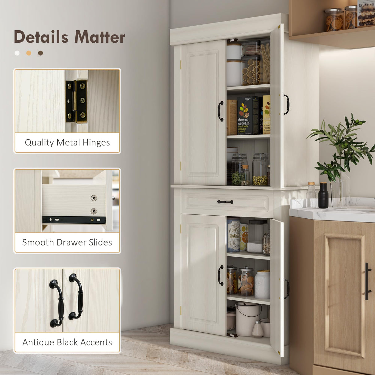 HOMCOM 71" Freestanding Kitchen Pantry with 4 Doors, and 2 Large Cabinets, Tall Storage Cabinet with Wide Drawer for Kitchen Dining Room, White HOMCOM