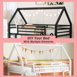 Merax Modern Twin Over Twin Heavy Steel Low Bunk Bed with Ladder and Slide, House Shaped Bunk Bed Frame with Full Lenght Guardrail, No Box Spring Needed, Space-Saving, Black Merax