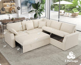 VanAcc Sofa Bed, 85 Inch Sleeper Couch with Storage Seat, L Shaped Sofa with Pull Out Sofa Bed, Sectional Couches for Living Room Apartment, Beige Linen Couch Sofa VanAcc