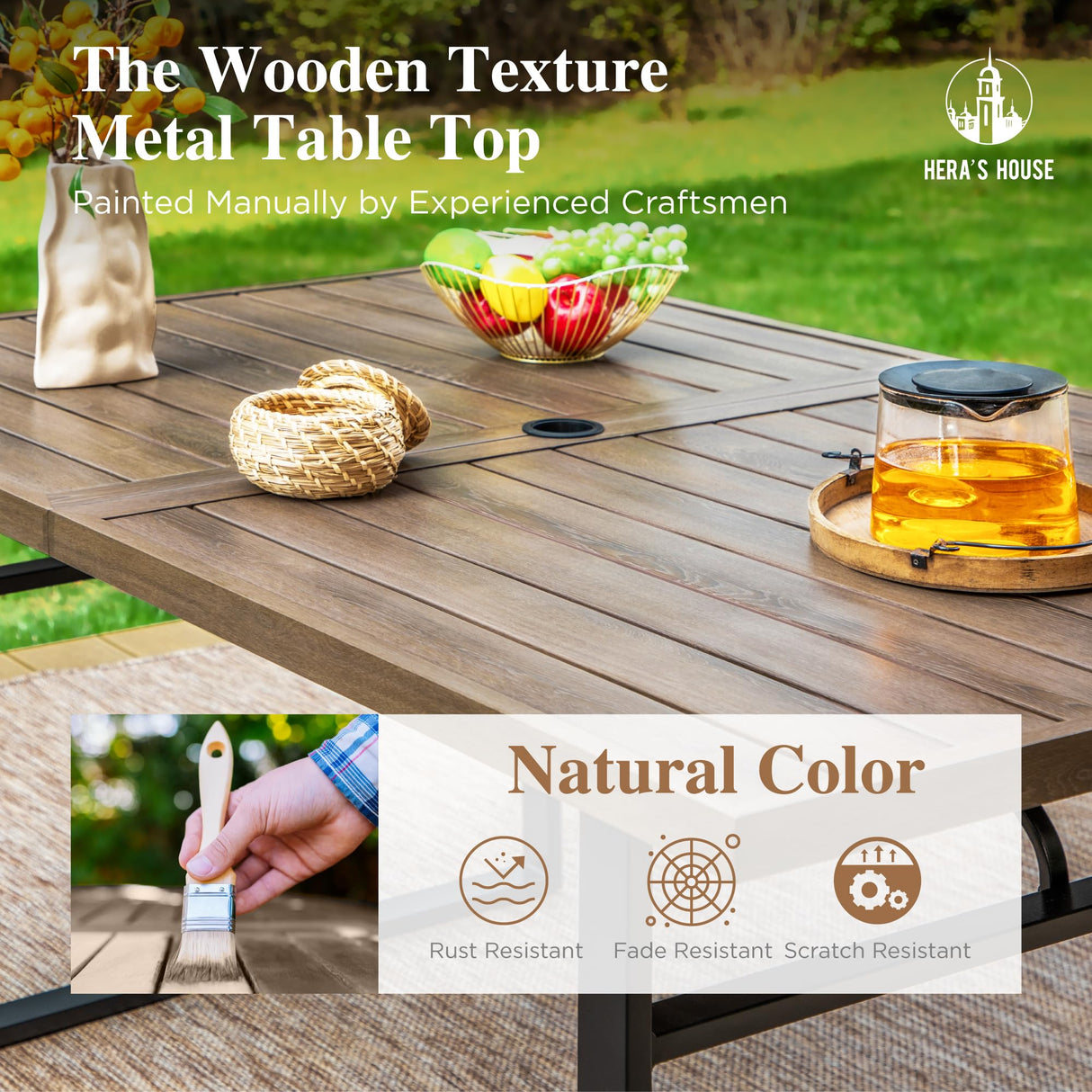 HERA'S HOUSE 7-Piece Indoor/Outdoor Dining Set for 6-64" Rust-Resistant Metal Table & 4.7" Cushioned Chairs, All-Weather Patio and Dining Room Furniture for Deck Kitchen Garden Backyard HERA'S HOUSE