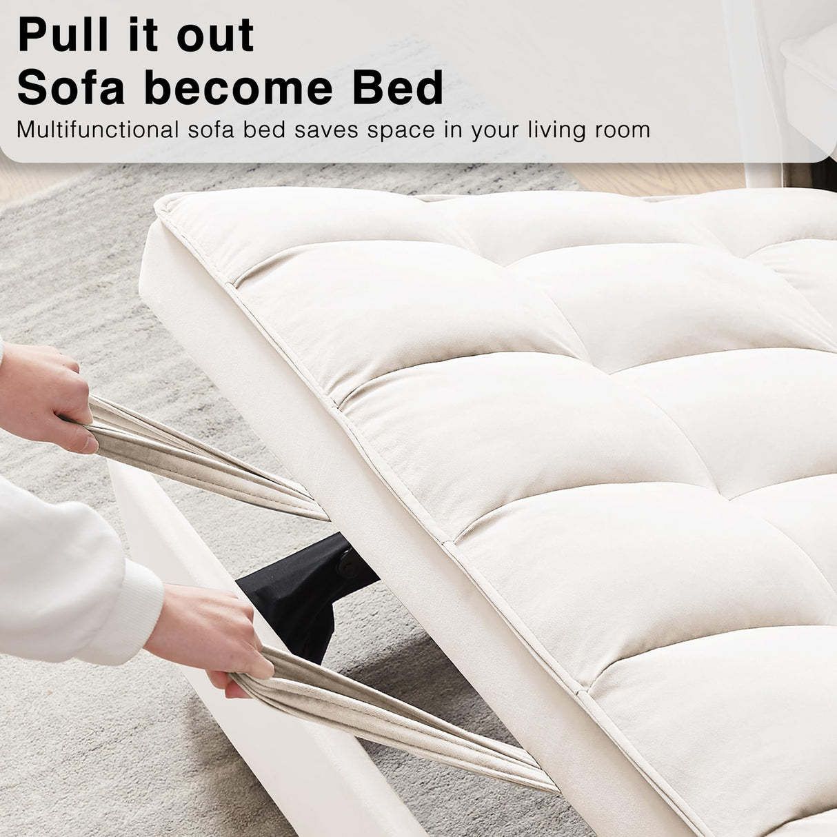 Wakefit 3 in 1 Convertible Sleeper Sofa Bed, Futon Couches for Living Room with Side Pocket | Adjustable Backrest| Velvet Fabric | Pull Out Couch | Recliner Loveseat | Sectional Sofa, Creamywhite Wakefit