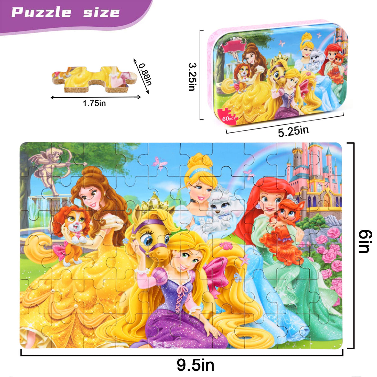 MZZOTOY Princess Puzzles for Kids Ages 4-8, 60 Pieces Puzzles for Kids Ages 3-5 Princess Puzzle for Girls and Boys Toys Jigsaw Puzzles in a Metal Box Educational Puzzles (Princess) MZZOTOY
