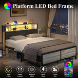 Full Bed Frame with Storage and Charging Station, Upholstered Bed Frame Full with LED Lights, Heavy Duty Metal Slat Support, No Box Spring Needed, Noise-Free, Easy Assembly, Noise-Free, Wash Grey CHABUILDREARK