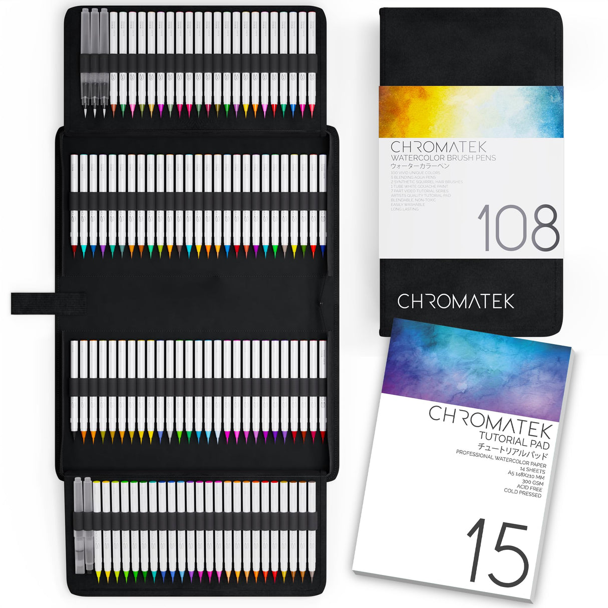 CHROMATEK 108 Watercolor Pens Set | Including 15 Page Pad & Online Video Tutorial Series | 5 Aquapens & 100 Unique Colors | Real Brush Pens | Easily Blendable, Vivid and Smooth CHROMATEK