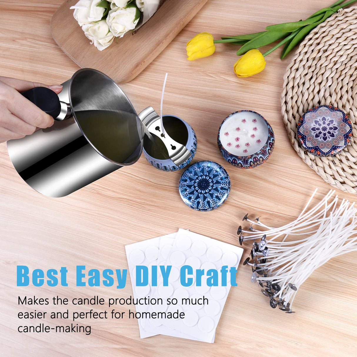DINGPAI Candle Making Supplies, Complete Soy Candle Making Set Including Candle Make Pouring Pot, Candle Wicks, Wicks Sticker, 3-Hole Candle Wicks Holder, Natural Soy Wax and Spoon DINGPAI
