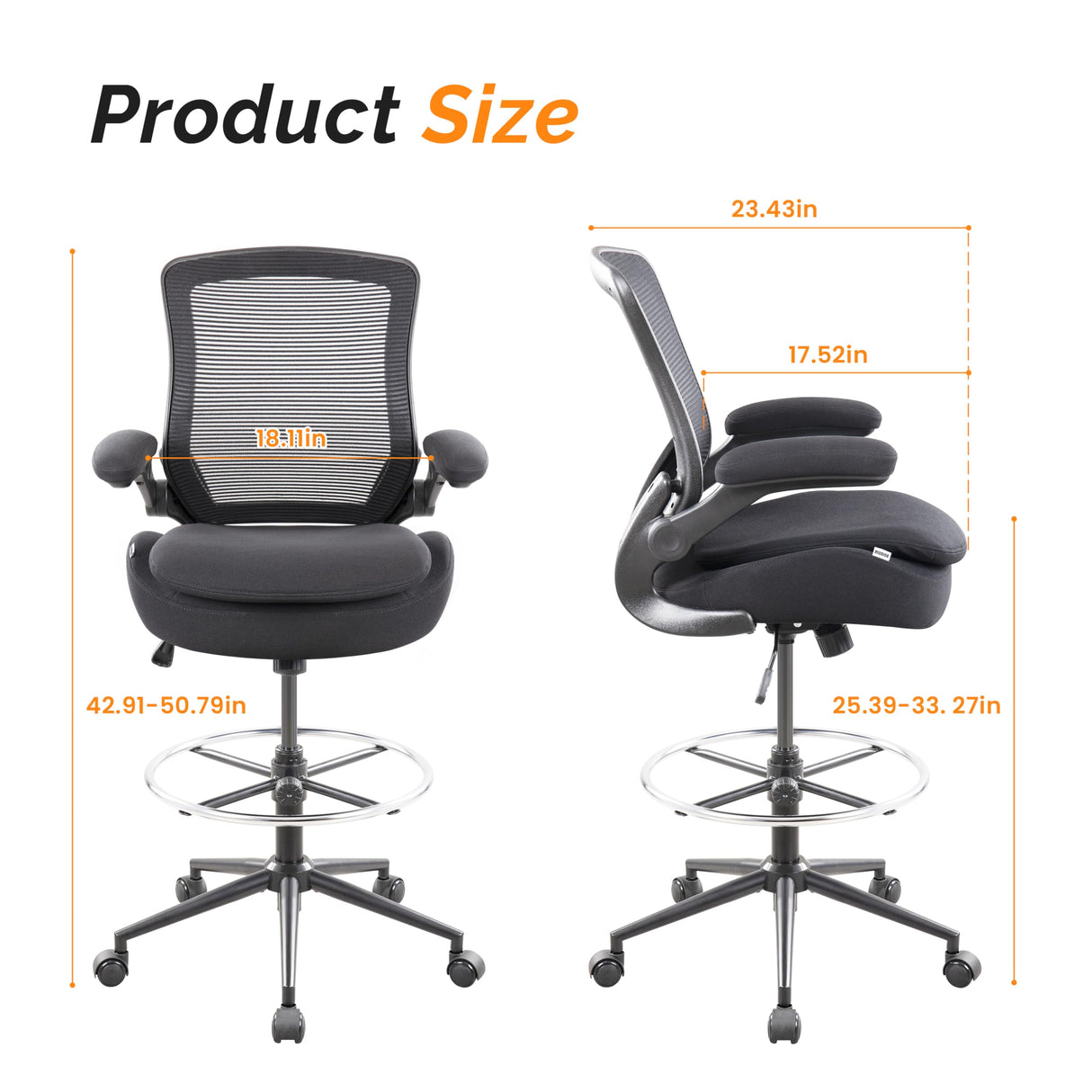 BOJUZIJA Drafting Chair Tall Office Chair, Ergonomic Standing Desk Computer Stools with, Flip-up Armrests, Adjustable Height and Big Foot-Ring, Comfortable Double Seat Cushion Foam Seat(Balck) BOJUZIJA