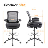 BOJUZIJA Drafting Chair Tall Office Chair, Ergonomic Standing Desk Computer Stools with, Flip-up Armrests, Adjustable Height and Big Foot-Ring, Comfortable Double Seat Cushion Foam Seat(Balck) BOJUZIJA