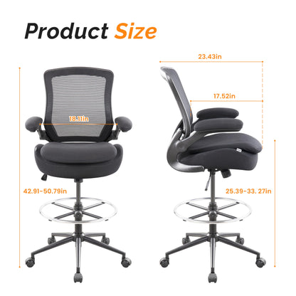 BOJUZIJA Drafting Chair Tall Office Chair, Ergonomic Standing Desk Computer Stools with, Flip-up Armrests, Adjustable Height and Big Foot-Ring, Comfortable Double Seat Cushion Foam Seat(Balck)