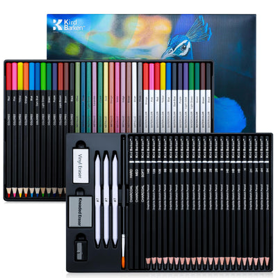 Kird Barken 70 PCS Art Supply Drawing Set, Pro Art Supplies with Tutorial,Colored, Graphite, Charcoal, Watercolor & Metallic Pencil, for Artists Adults Teens Beginner