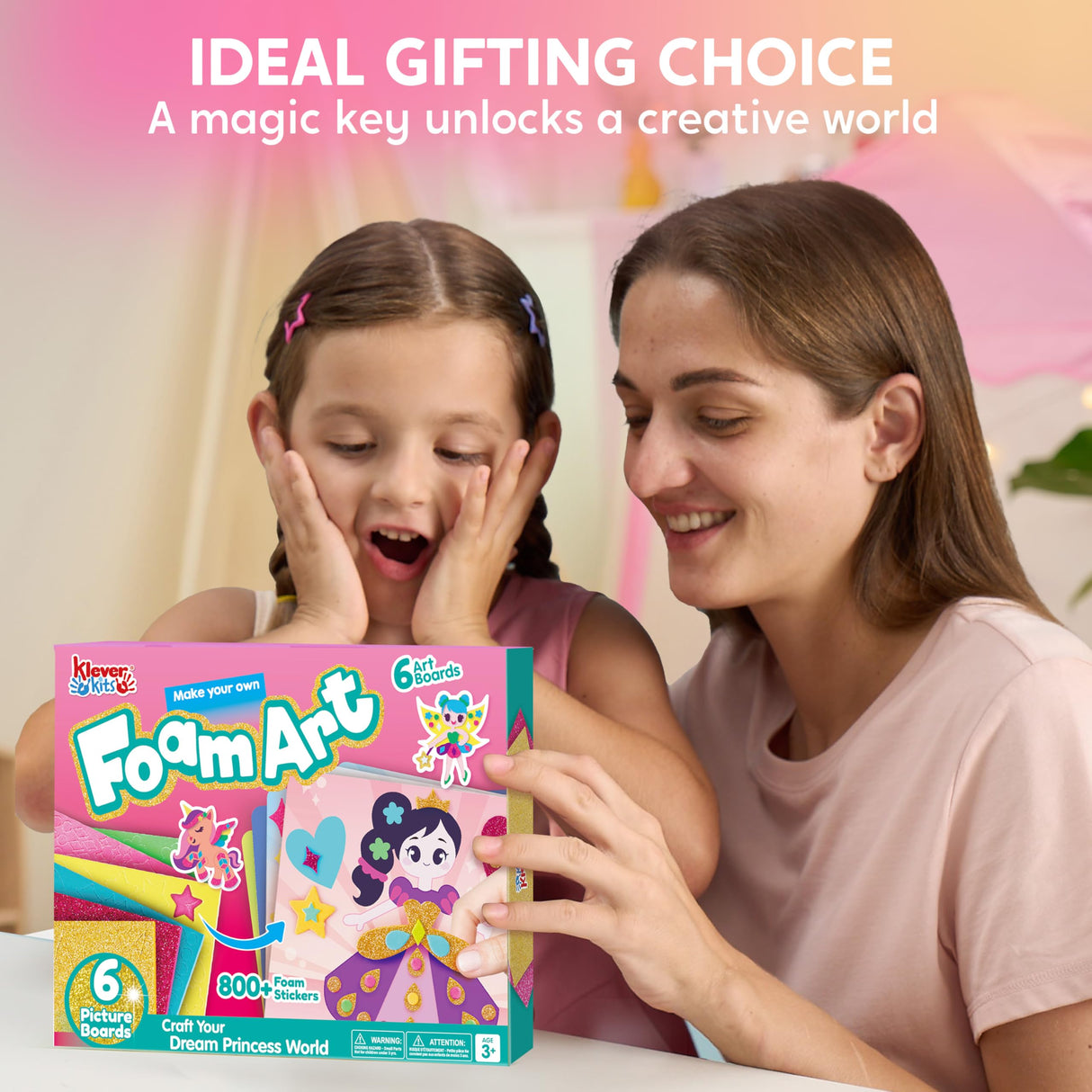 Klever Kits Foam Art Kit for Kids, EVA Foam Stickers with 6 Art Board and 800+ Stickers, DIY Arts and Crafts for Boys Girls Age 3+, Unicorns & Princesses Birthday Gifts Travel Toy Klever Kits