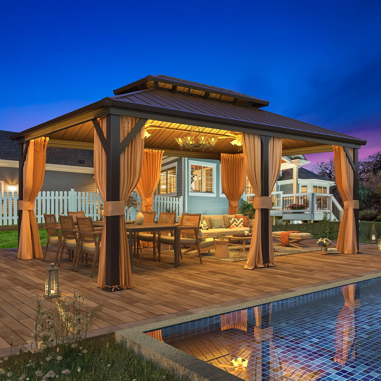 EROMMY 12'x18' Gazebo Hardtop, Galvanized Steel Double Roof Metal Gazebo with Aluminum Frame, Permanent Outdoor Pavilion with Curtain and Netting for Patio, Lawn and Garden EROMMY