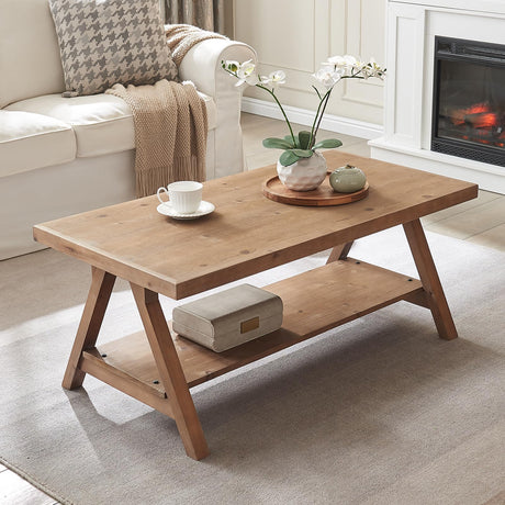 Farmhouse Coffee Table,Solid Wood Center Tables with Storage Shelves & Sturdy A-Shaped Legs, Modern Rustic 2-Tier Rectangular Table for Living Room and Office, Natural WINWY