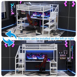 Queen Loft Bed with Stairs and Desk,Heavy Duty Metal Queen Size Loft Bed Frame for Adults with Wardrobe and Shelf, Gaming Bed with LED and USB for Teens Girls Boys,No Noise, White MoproBeti