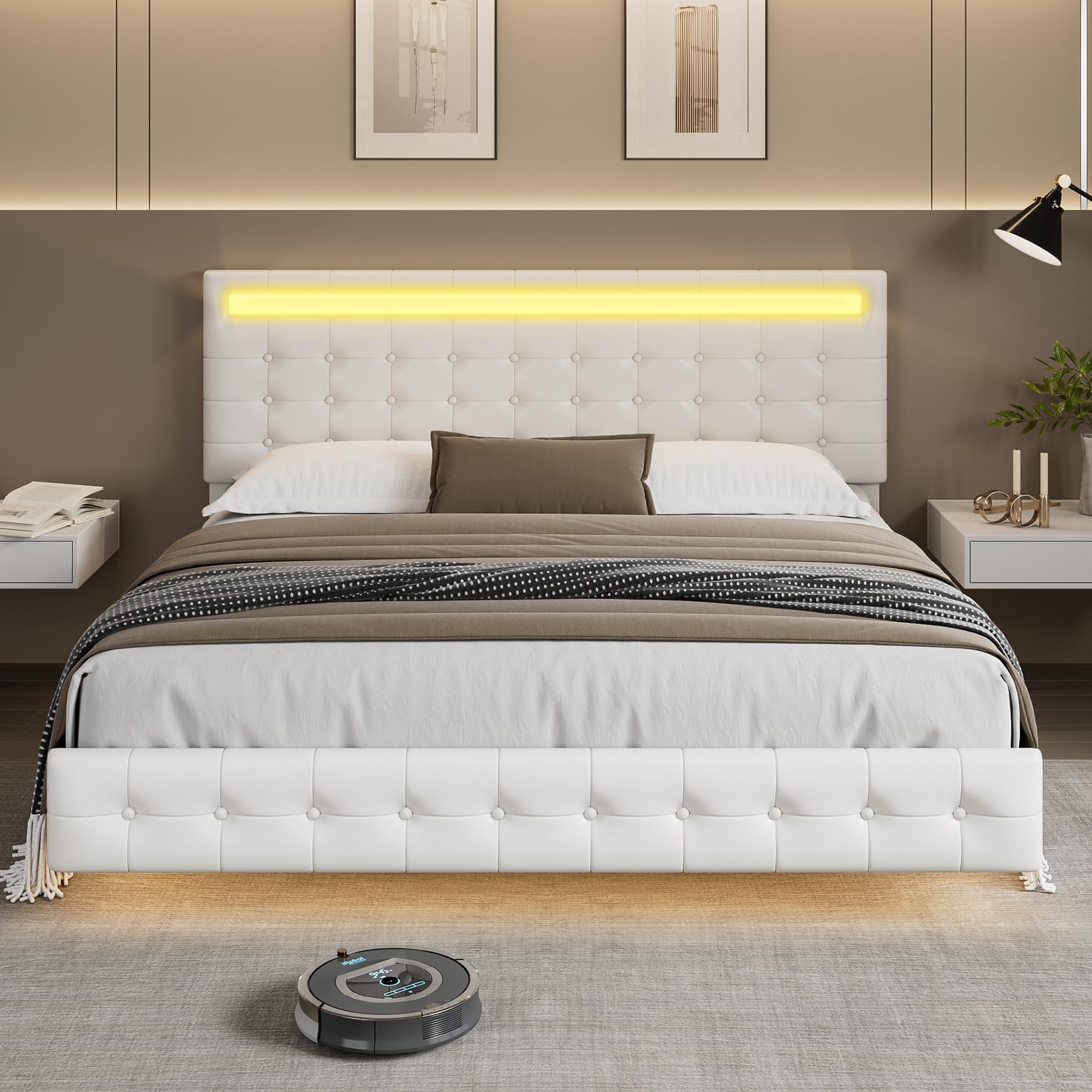 Keyluv Queen Floating Bed Frame with LED Lights and Upholstered Leather Headboard in White - WoodArtSupply