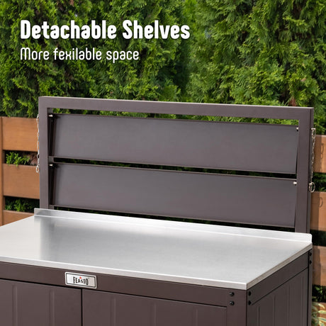 Garden Potting Bench with Storage Cabinet,Outdoor Gardening Table & Work Bench for Plants, Horticulture,Outdoor Workstation with Stainless Steel Tabletop,Outdoor Work Table with Elevated Rack Feasto