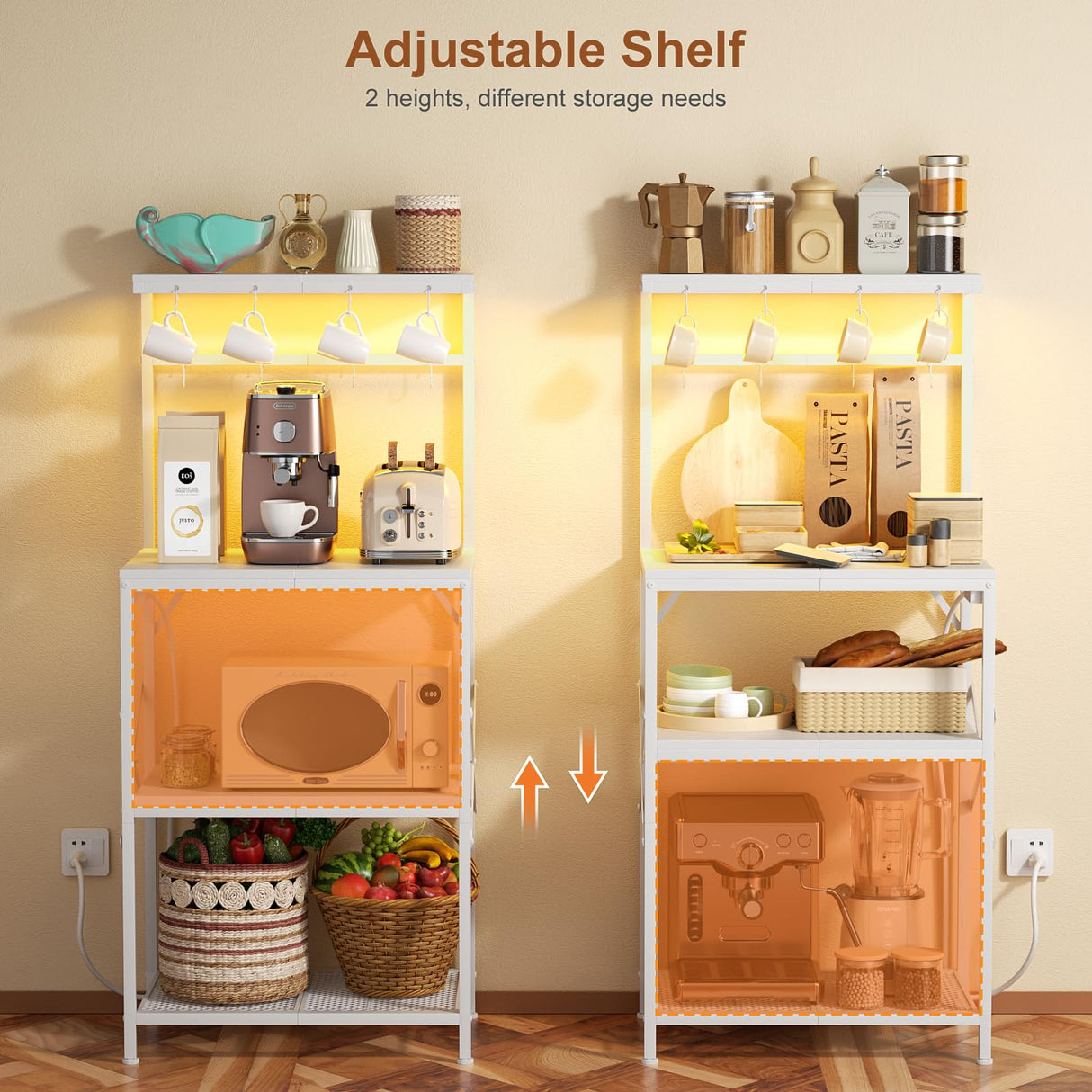 Korfile Kitchen Bakers Rack with Power Outlet & LED Lights, Small Coffee Bar Table with Adjustable Storage Shelf, 4 Tiers Microwave Stand with 8 Hooks, Coffee Station for Appliance Organizer, White Korfile