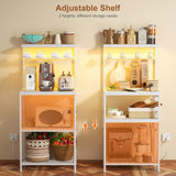 Korfile Kitchen Bakers Rack with Power Outlet & LED Lights, Small Coffee Bar Table with Adjustable Storage Shelf, 4 Tiers Microwave Stand with 8 Hooks, Coffee Station for Appliance Organizer, White Korfile