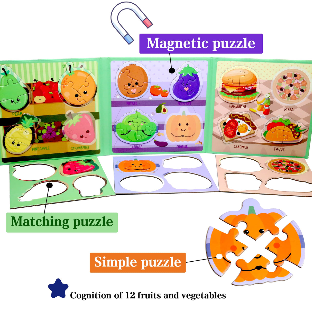 Magnetic Puzzles for Kids Ages 1-3, Travel Toddler Puzzles Ages 2-4 Year, Food Activities Toy for Boys & Girls 3-5 yo - Learning Magnet Gift for Road Trip QimuMku