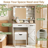 THINK 30 Farmhouse Makeup Vanity Desk with Mirror and Lights, 3 Lighting Modes, Vanity Set with Stool, Dressing Table with Adjustable Shelves,2 Drawers and Side Cabinet for Bedroom, White THINK 30