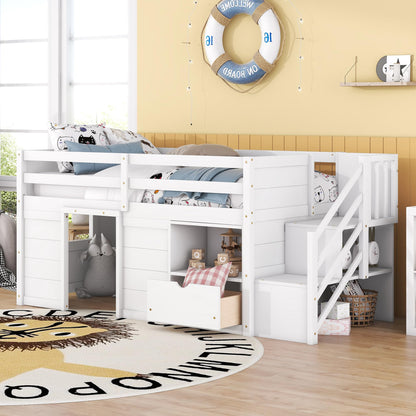 Harper & Bright Designs White Twin Size Low Loft Bed with Storage and Stairs for Kids - WoodArtSupply