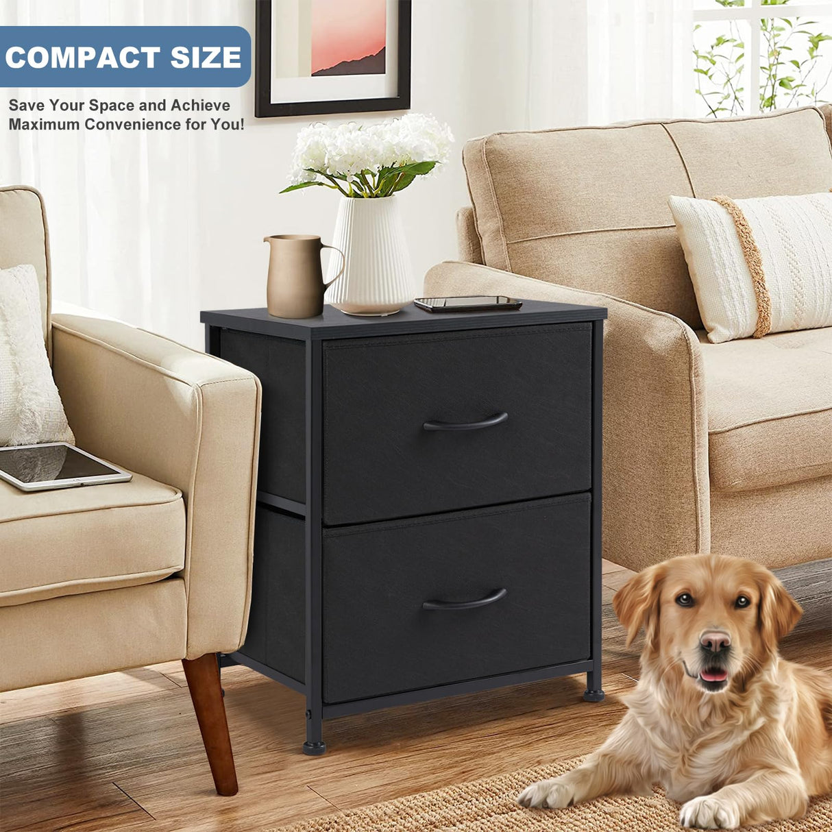 DUMOS Nightstand Small Dresser with 2 Fabric Drawers Side Tables Bedroom End Table Bedside Storage Furniture for 20 inch Tall Night Stand for Entryway, College Dorm, Classic Black DUMOS