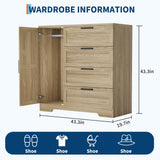 IDEALHOUSE 43.3'' H Armoire Wardrobe Closet with 4 Drawers and Hanging Rod, Multifunctional Wood 4 Drawers Dresser with Storage Closet, Clothing Storage Cabinets for Bedroom, Natural Oak IDEALHOUSE