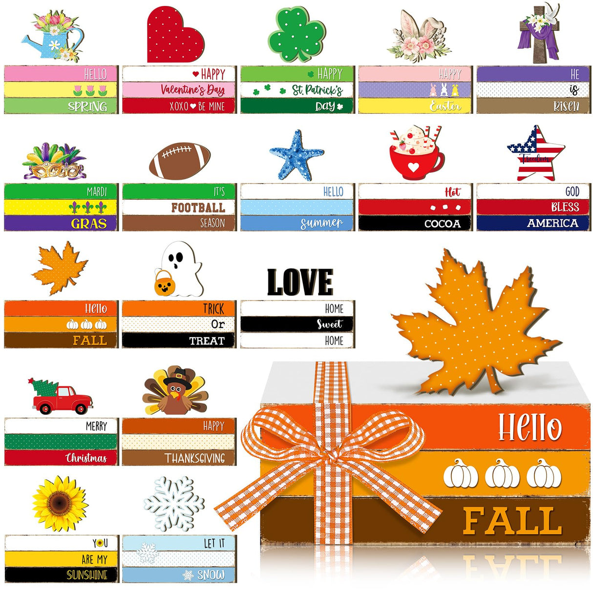 Fall Wooden Decor Table Centerpiece Maple Leaf Seasonal Highland Cow Autumn Decoration Tiered Tray Decor Gift for Table Mantel Shelves Office(Book Block) Menkxi